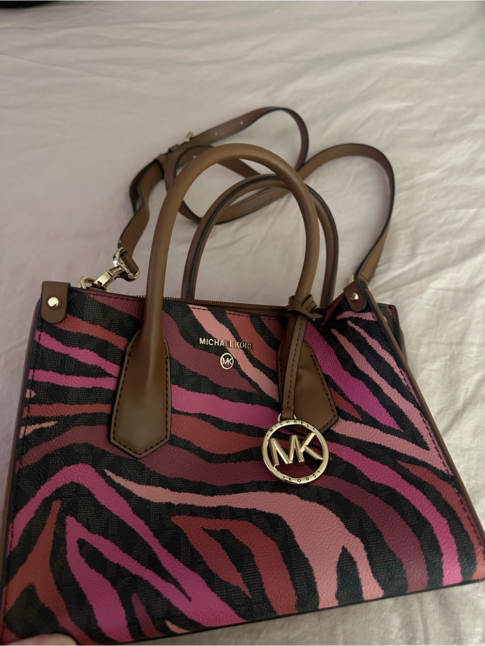 Michael Kors Pink and Black Zebra Print Satchel with Brown Trim